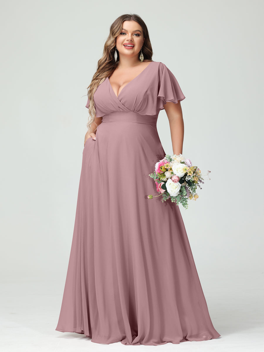 A-Line/Princess V-Neck Short Sleeves Chiffon Plus Size Bridesmaid Dresses with Pockets Mauve