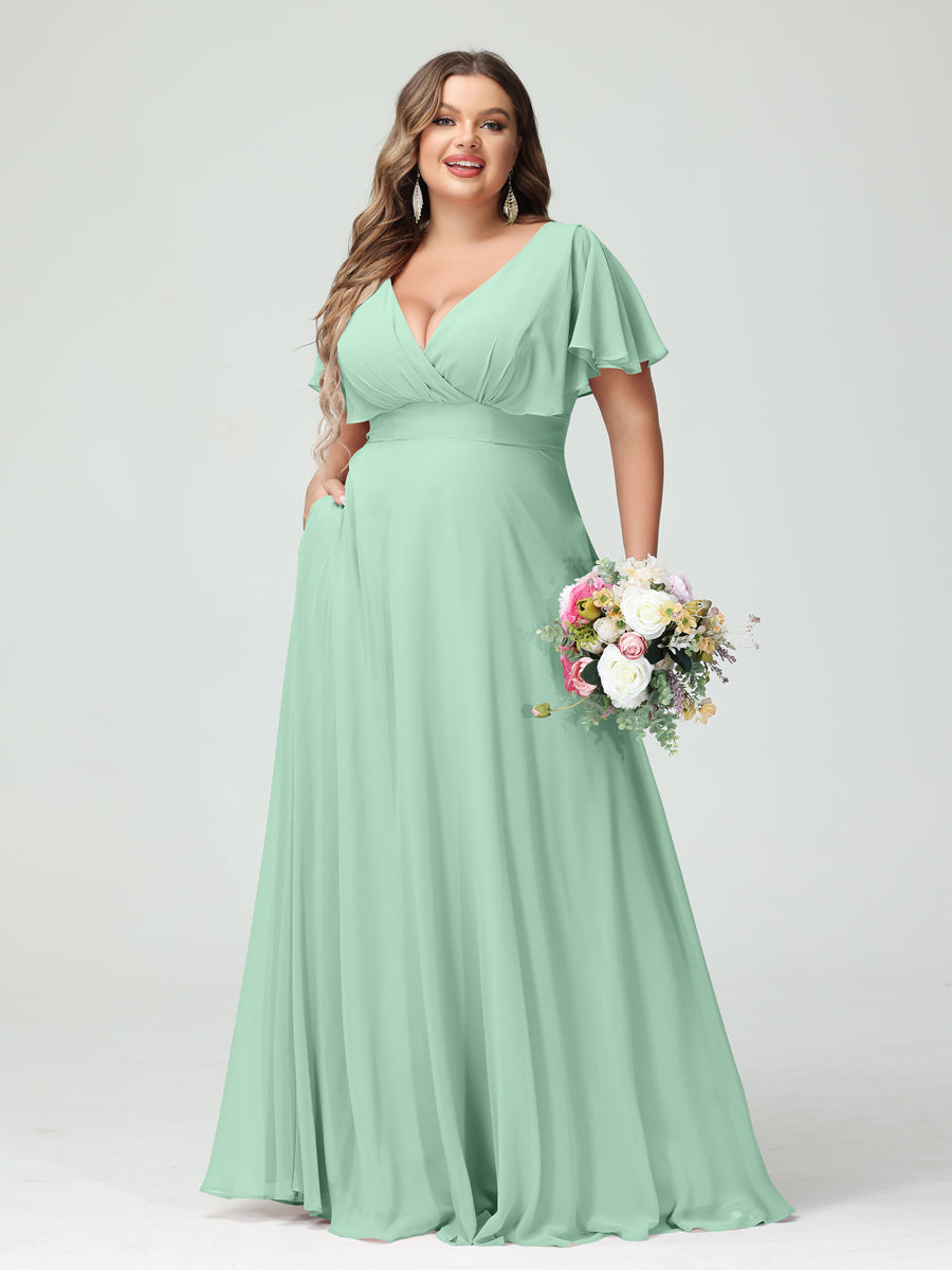 A-Line/Princess V-Neck Short Sleeves Chiffon Plus Size Bridesmaid Dresses with Pockets Mint Green