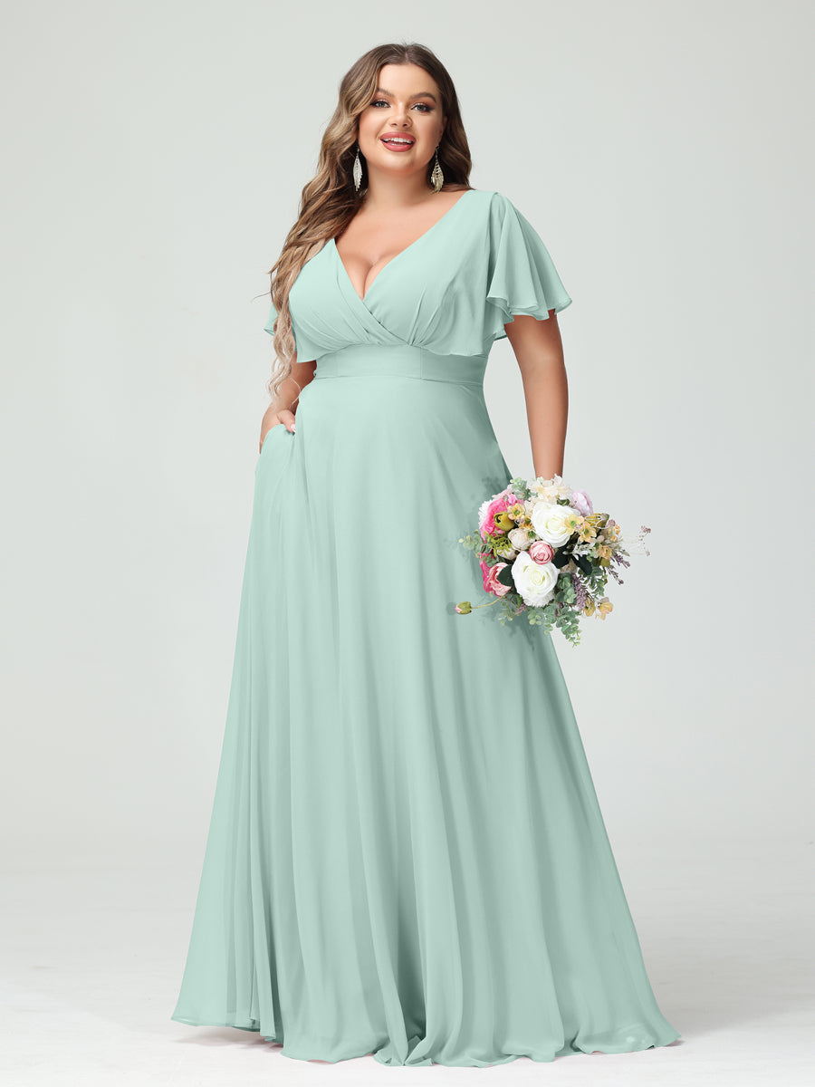 A-Line/Princess V-Neck Short Sleeves Chiffon Plus Size Bridesmaid Dresses with Pockets Mist Blue
