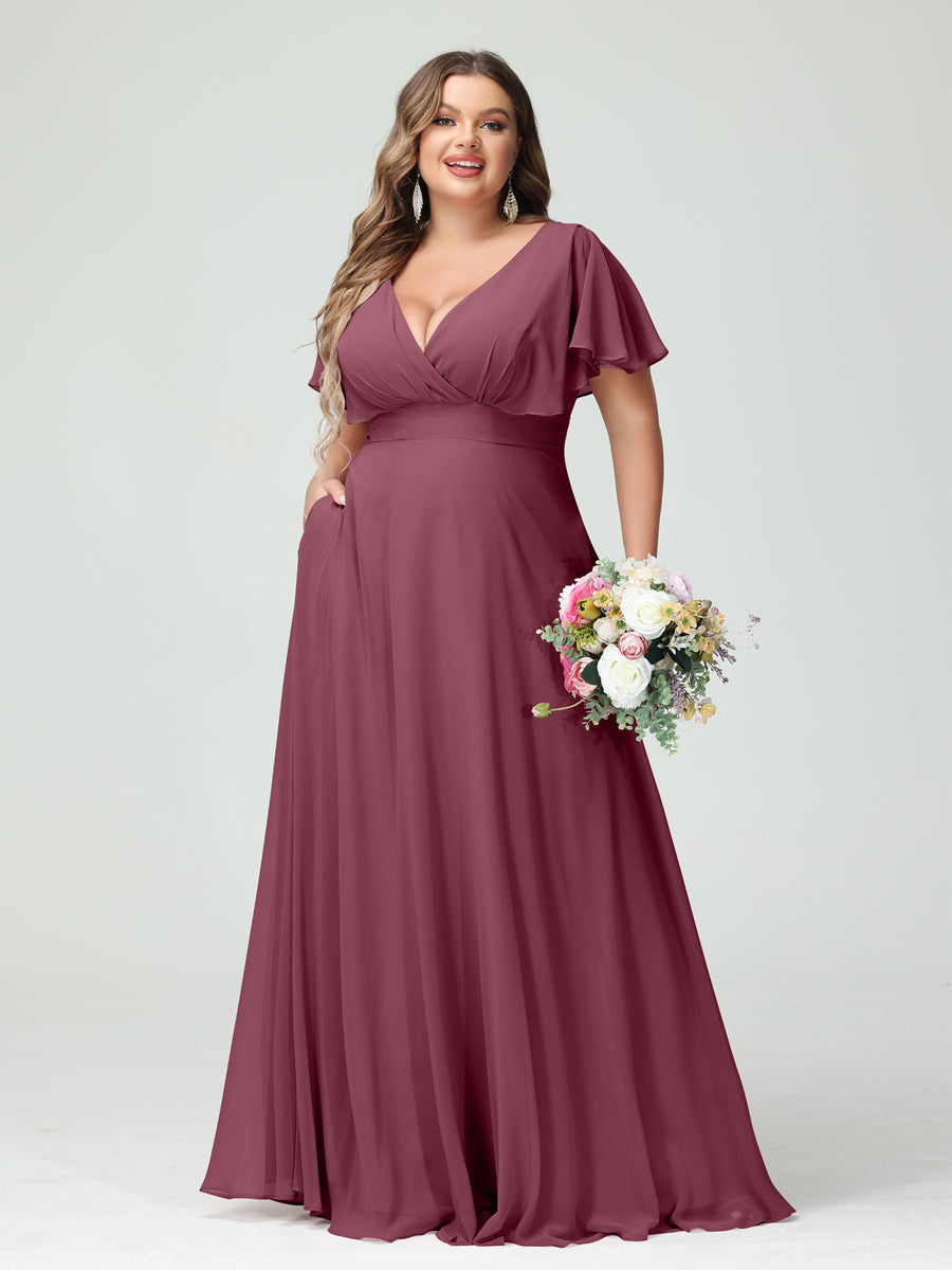 A-Line/Princess V-Neck Short Sleeves Chiffon Plus Size Bridesmaid Dresses with Pockets Mulberry