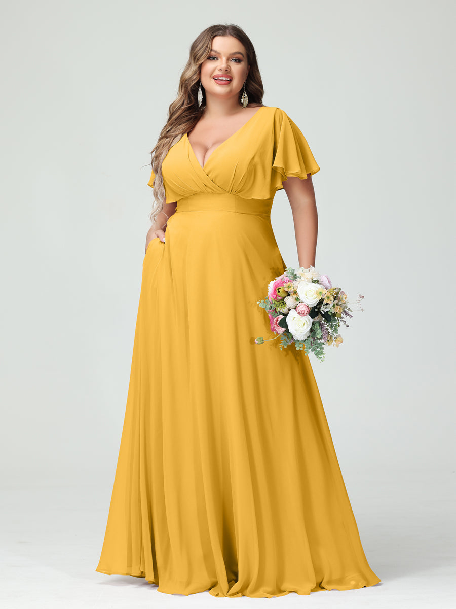 A-Line/Princess V-Neck Short Sleeves Chiffon Plus Size Bridesmaid Dresses with Pockets Mustard Yellow