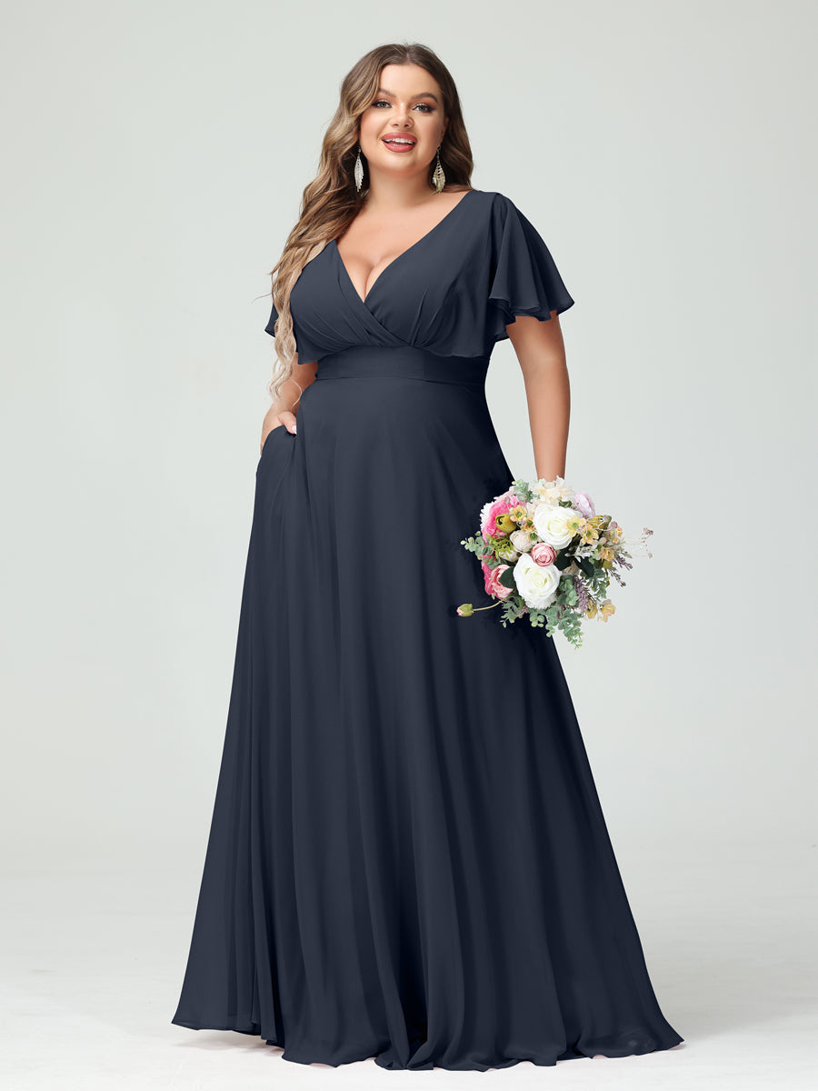 A-Line/Princess V-Neck Short Sleeves Chiffon Plus Size Bridesmaid Dresses with Pockets Navy Blue