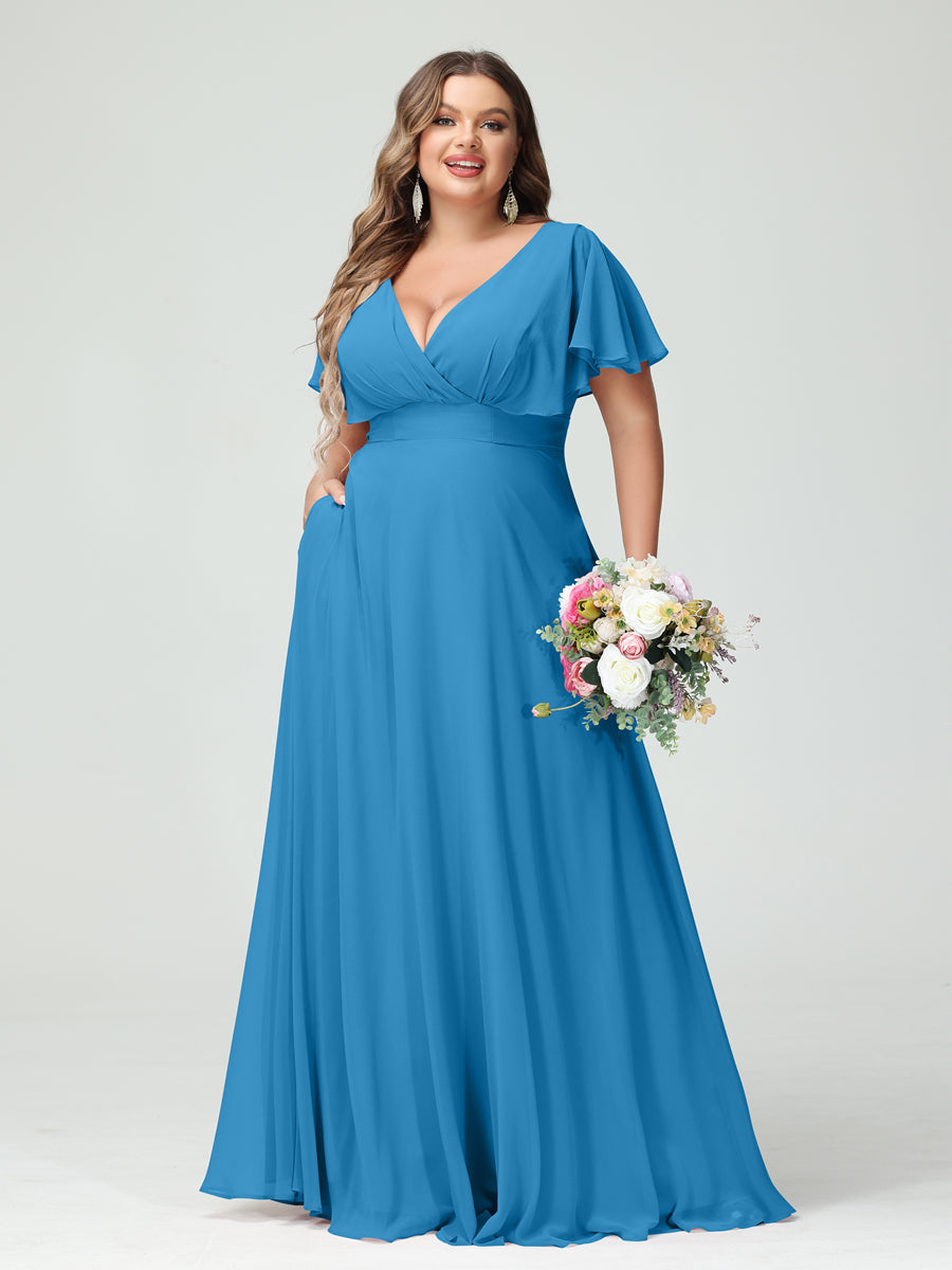 A-Line/Princess V-Neck Short Sleeves Chiffon Plus Size Bridesmaid Dresses with Pockets Ocean Blue