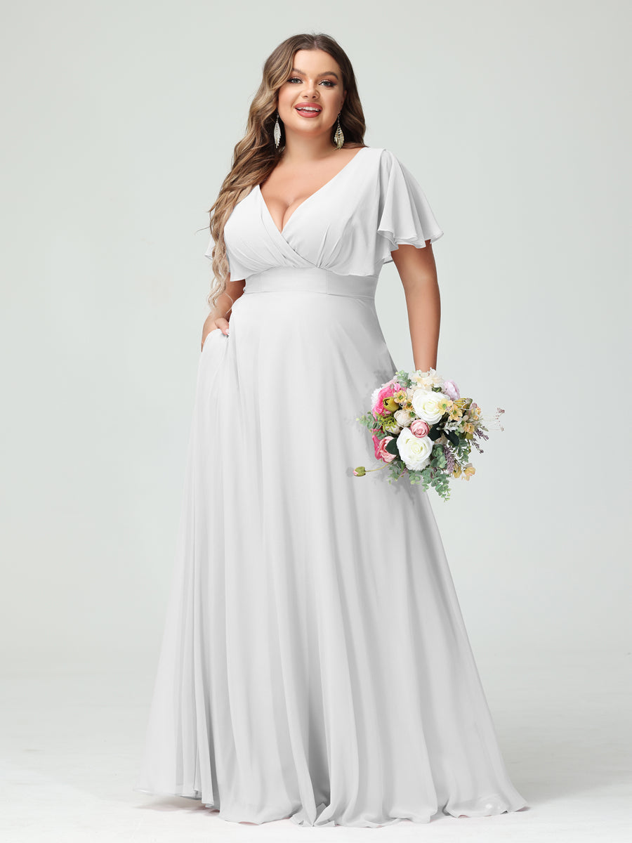 A-Line/Princess V-Neck Short Sleeves Chiffon Plus Size Bridesmaid Dresses with Pockets Off White