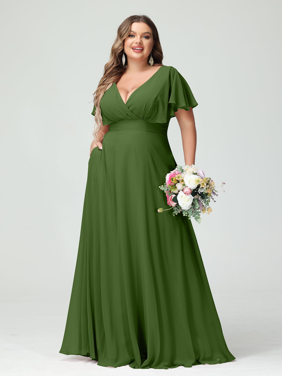 A-Line/Princess V-Neck Short Sleeves Chiffon Plus Size Bridesmaid Dresses with Pockets Olive Green