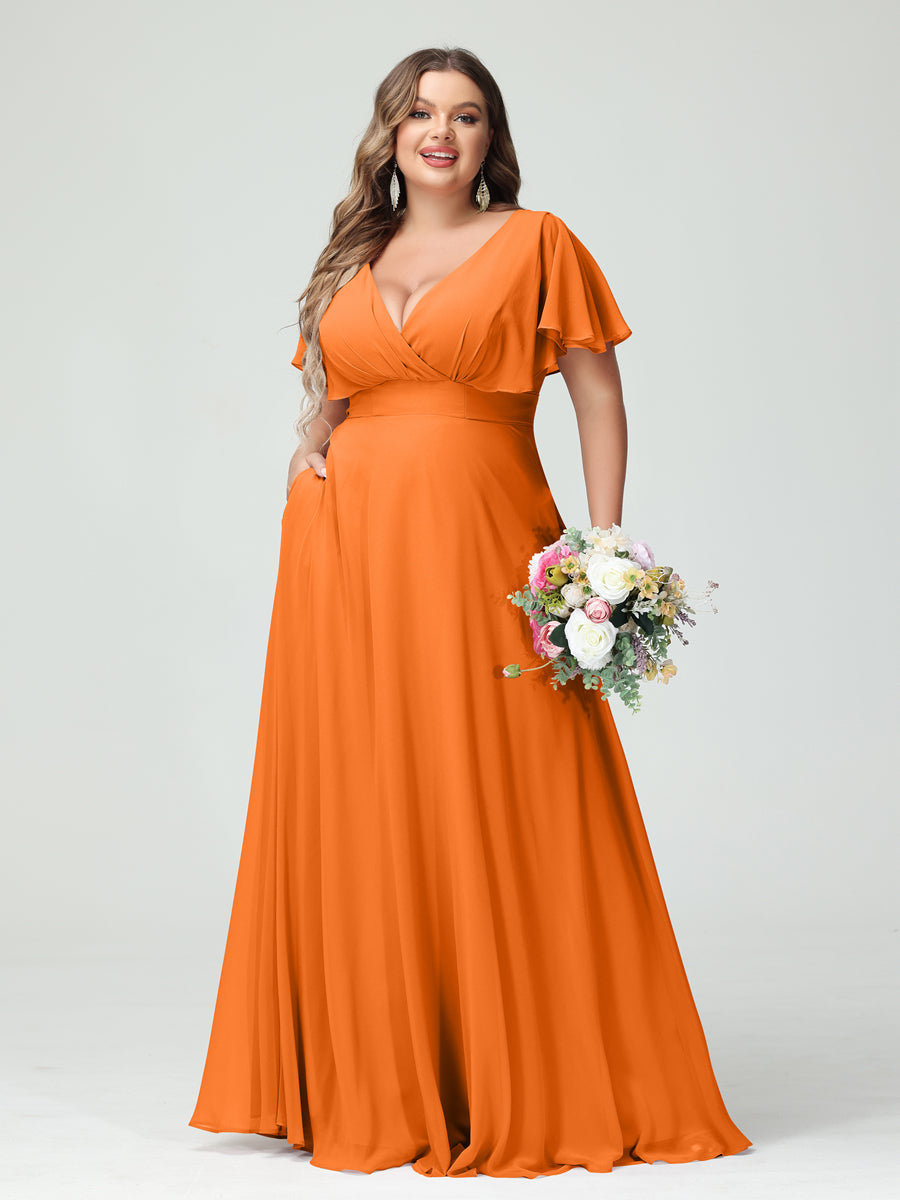 A-Line/Princess V-Neck Short Sleeves Chiffon Plus Size Bridesmaid Dresses with Pockets Orange