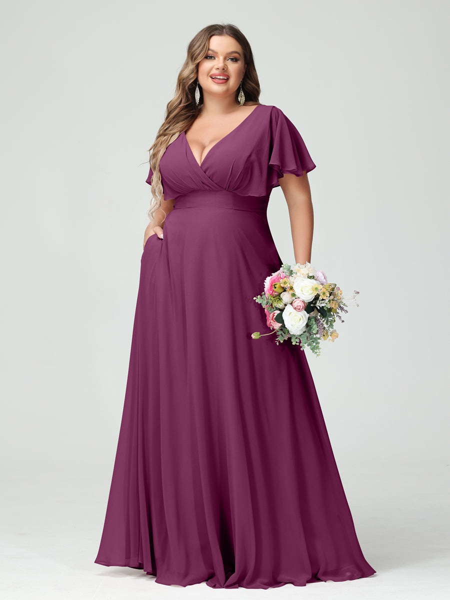 A-Line/Princess V-Neck Short Sleeves Chiffon Plus Size Bridesmaid Dresses with Pockets Orchid