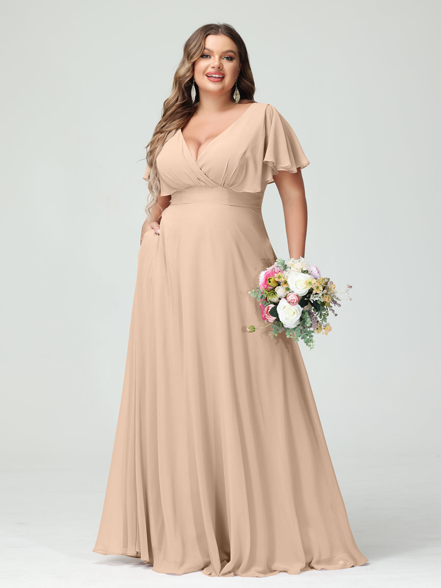 A-Line/Princess V-Neck Short Sleeves Chiffon Plus Size Bridesmaid Dresses with Pockets Peach Pink