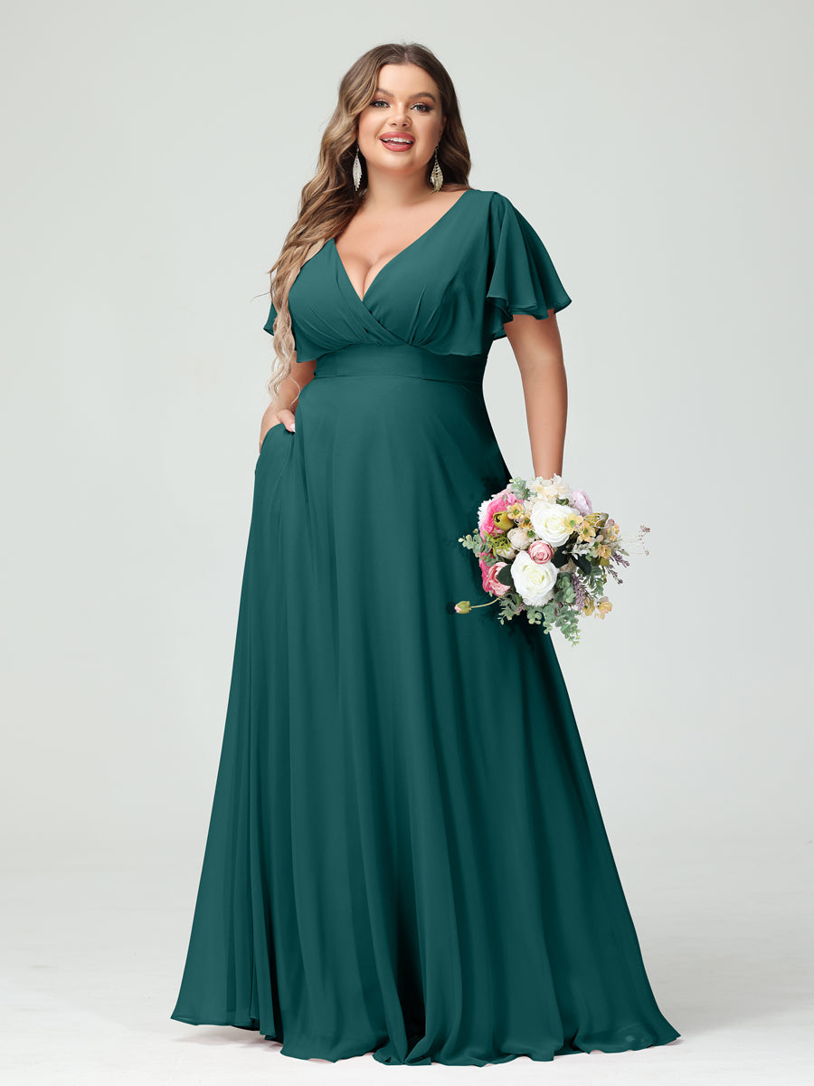 A-Line/Princess V-Neck Short Sleeves Chiffon Plus Size Bridesmaid Dresses with Pockets Peacock