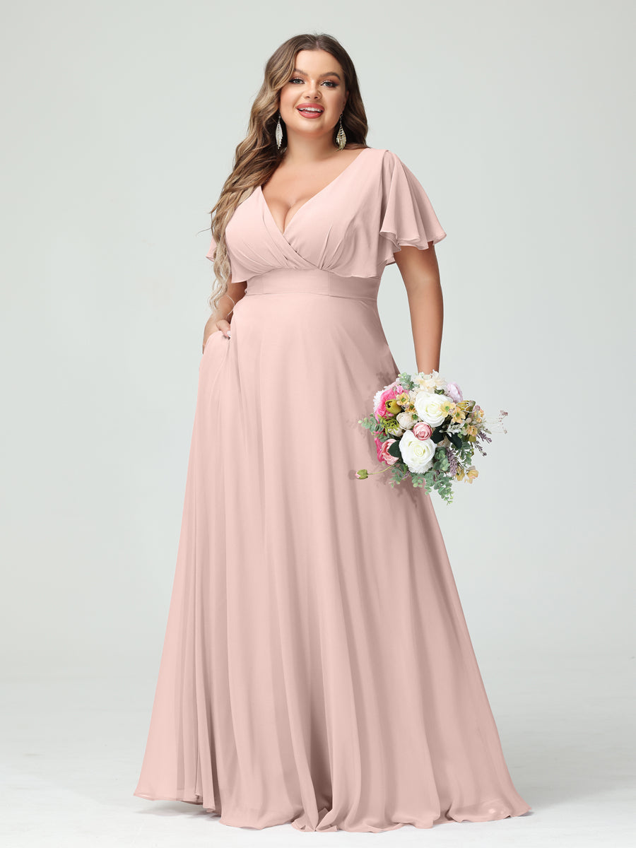 A-Line/Princess V-Neck Short Sleeves Chiffon Plus Size Bridesmaid Dresses with Pockets Pearl Pink