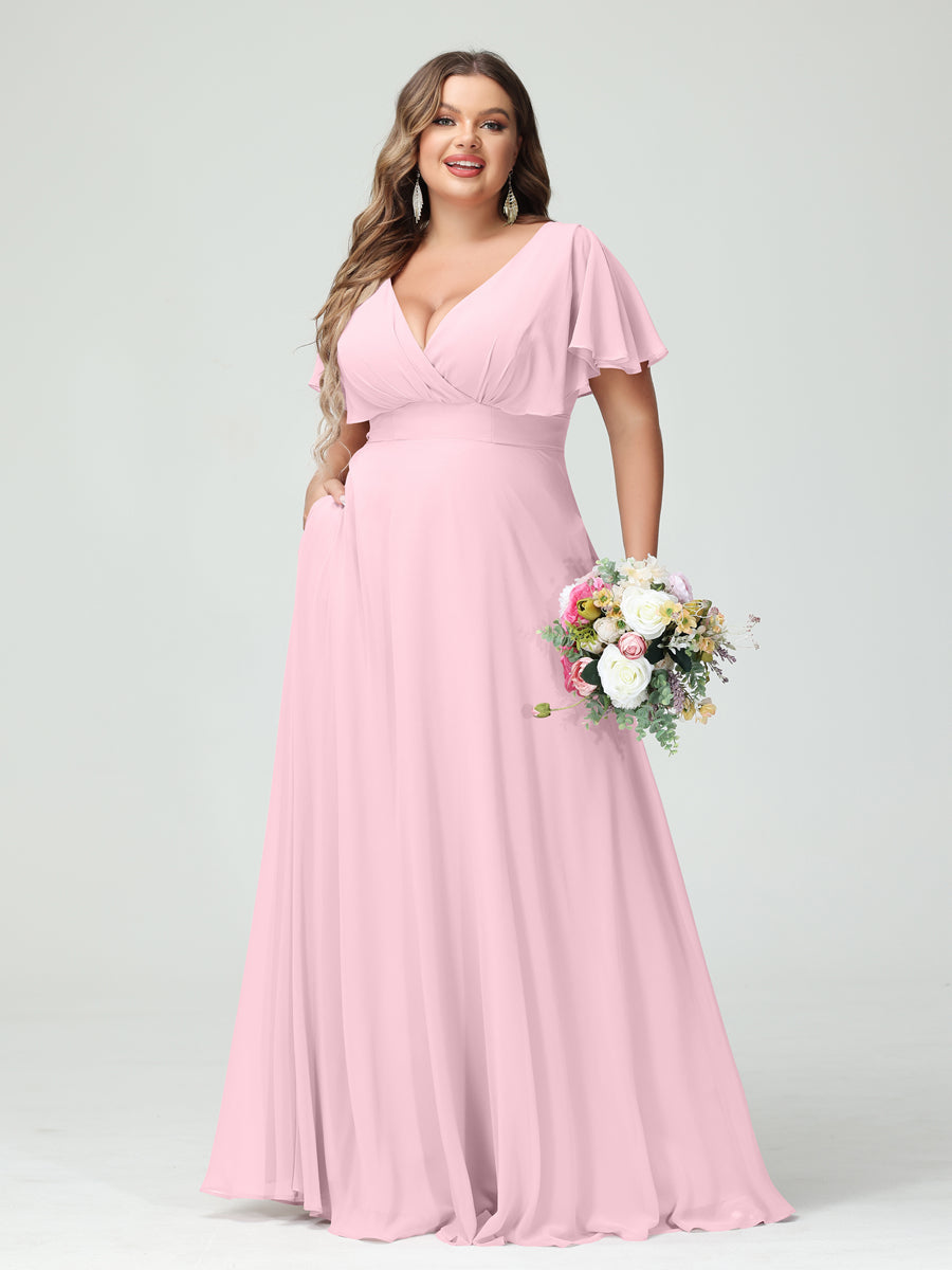 A-Line/Princess V-Neck Short Sleeves Chiffon Plus Size Bridesmaid Dresses with Pockets Pink