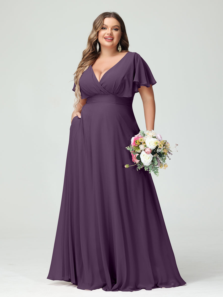 A-Line/Princess V-Neck Short Sleeves Chiffon Plus Size Bridesmaid Dresses with Pockets Plum