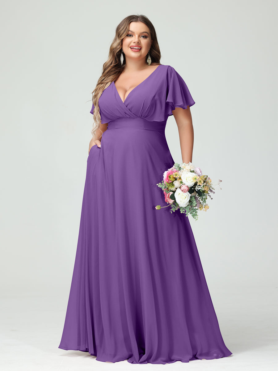 A-Line/Princess V-Neck Short Sleeves Chiffon Plus Size Bridesmaid Dresses with Pockets Purple