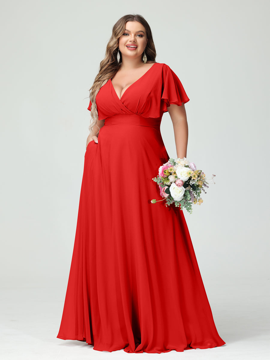 A-Line/Princess V-Neck Short Sleeves Chiffon Plus Size Bridesmaid Dresses with Pockets Red
