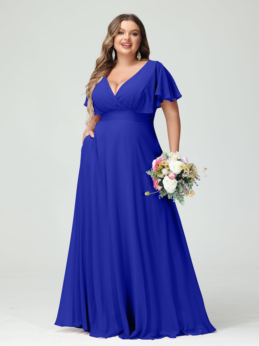 A-Line/Princess V-Neck Short Sleeves Chiffon Plus Size Bridesmaid Dresses with Pockets Royal Blue
