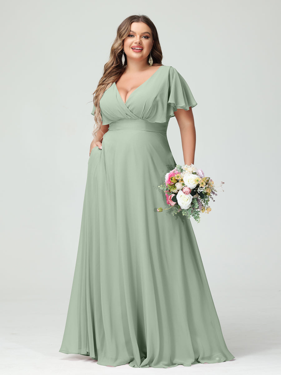 A-Line/Princess V-Neck Short Sleeves Chiffon Plus Size Bridesmaid Dresses with Pockets Sage