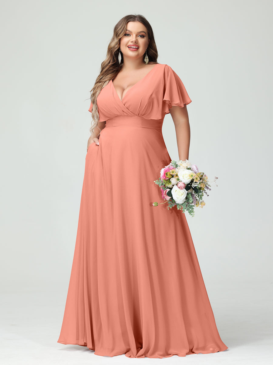 A-Line/Princess V-Neck Short Sleeves Chiffon Plus Size Bridesmaid Dresses with Pockets Salmon