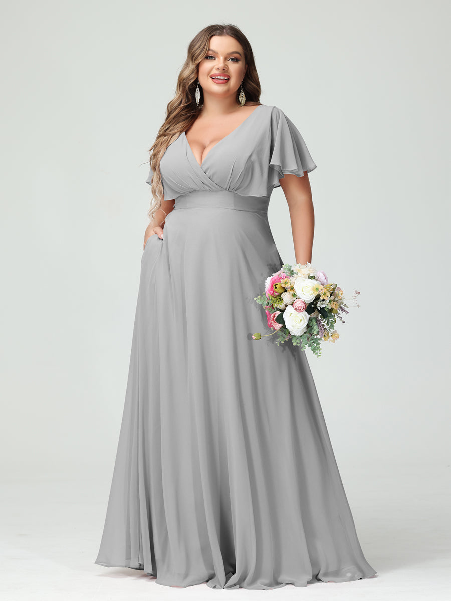 A-Line/Princess V-Neck Short Sleeves Chiffon Plus Size Bridesmaid Dresses with Pockets Silver