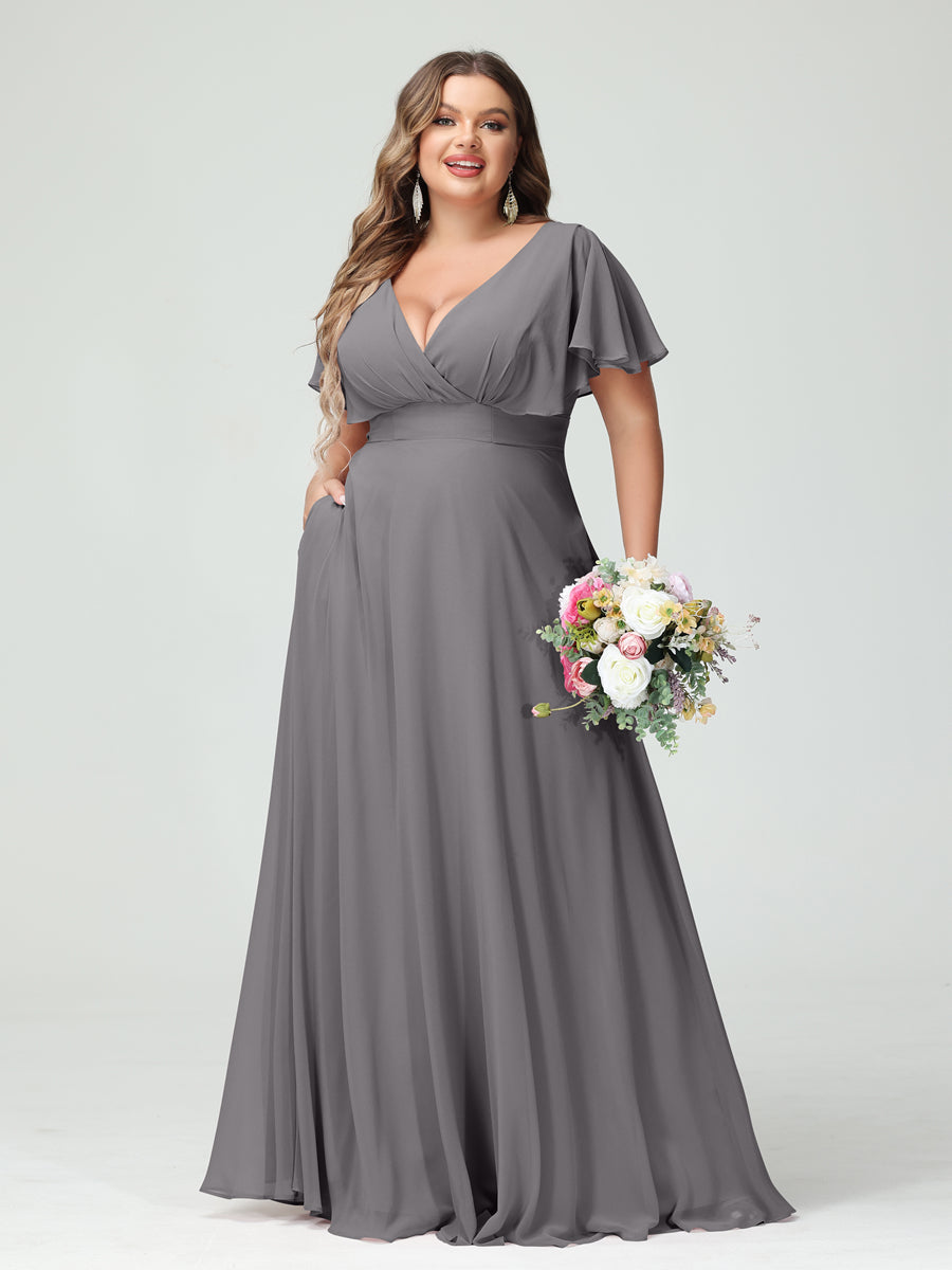 A-Line/Princess V-Neck Short Sleeves Chiffon Plus Size Bridesmaid Dresses with Pockets Silver Gray