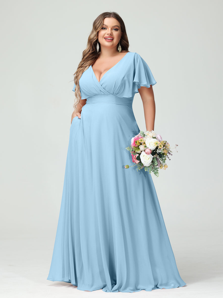 A-Line/Princess V-Neck Short Sleeves Chiffon Plus Size Bridesmaid Dresses with Pockets Sky Blue