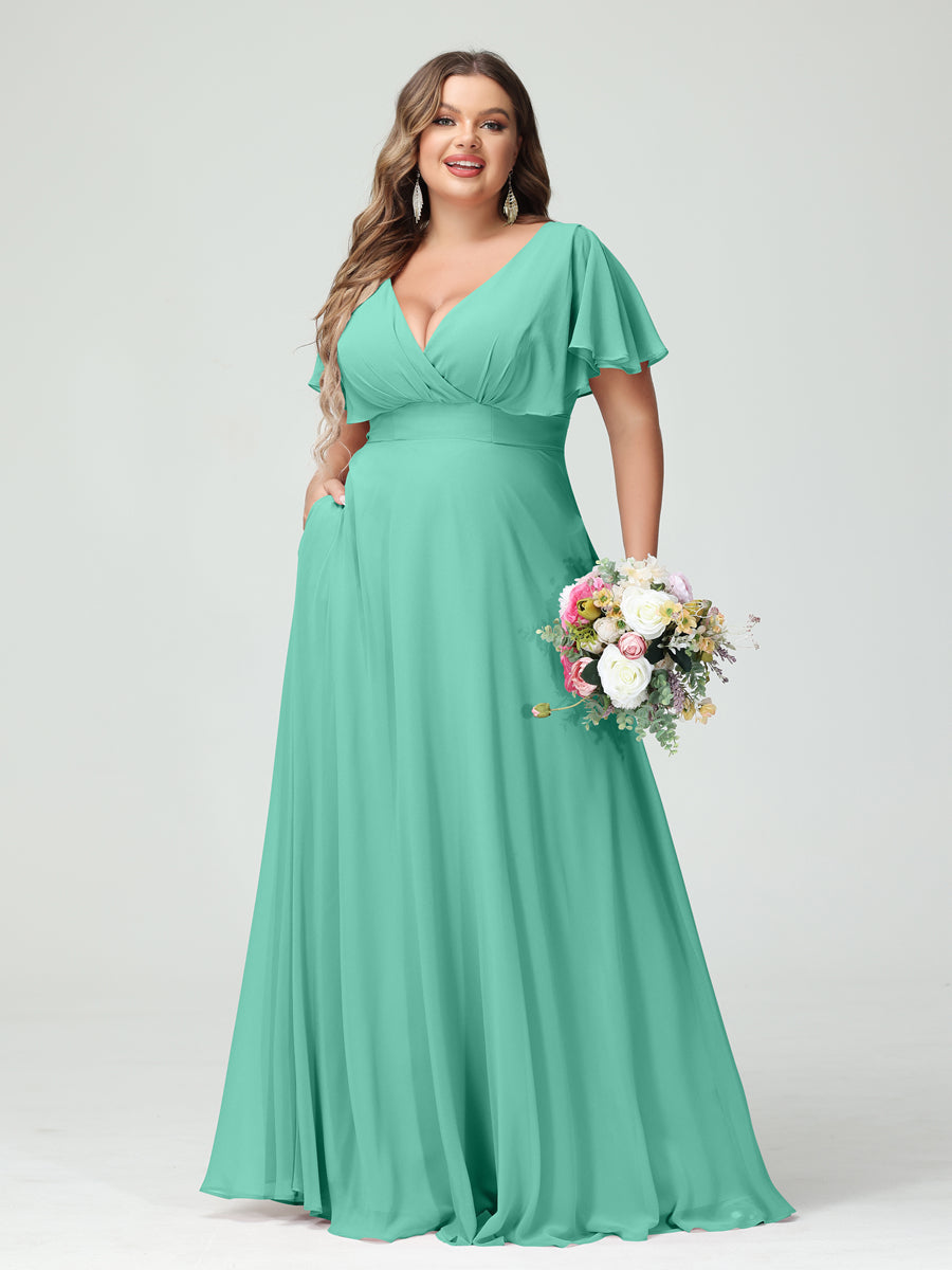 A-Line/Princess V-Neck Short Sleeves Chiffon Plus Size Bridesmaid Dresses with Pockets Spa