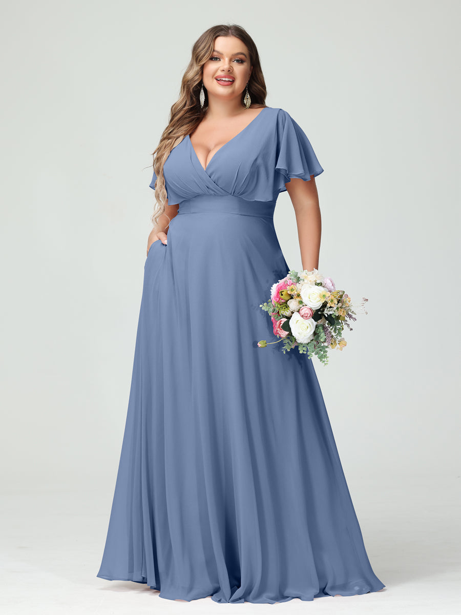 A-Line/Princess V-Neck Short Sleeves Chiffon Plus Size Bridesmaid Dresses with Pockets Steel Blue
