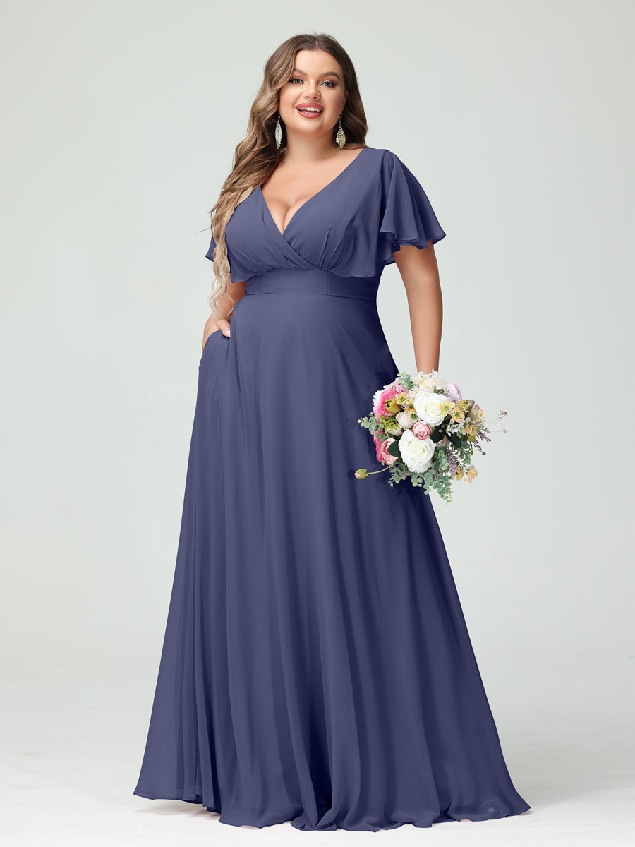 A-Line/Princess V-Neck Short Sleeves Chiffon Plus Size Bridesmaid Dresses with Pockets Stormy Blue