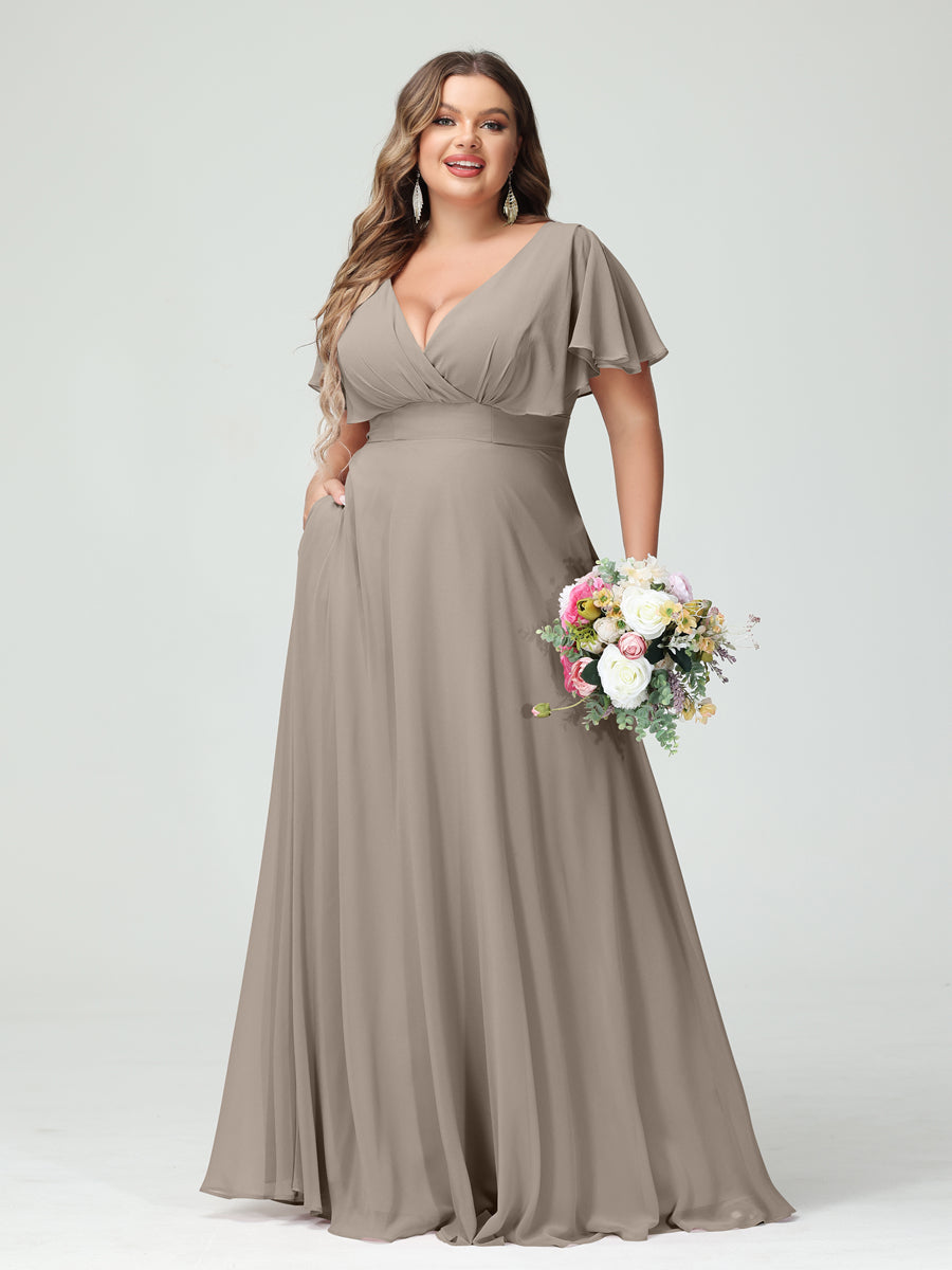 A-Line/Princess V-Neck Short Sleeves Chiffon Plus Size Bridesmaid Dresses with Pockets Taupe