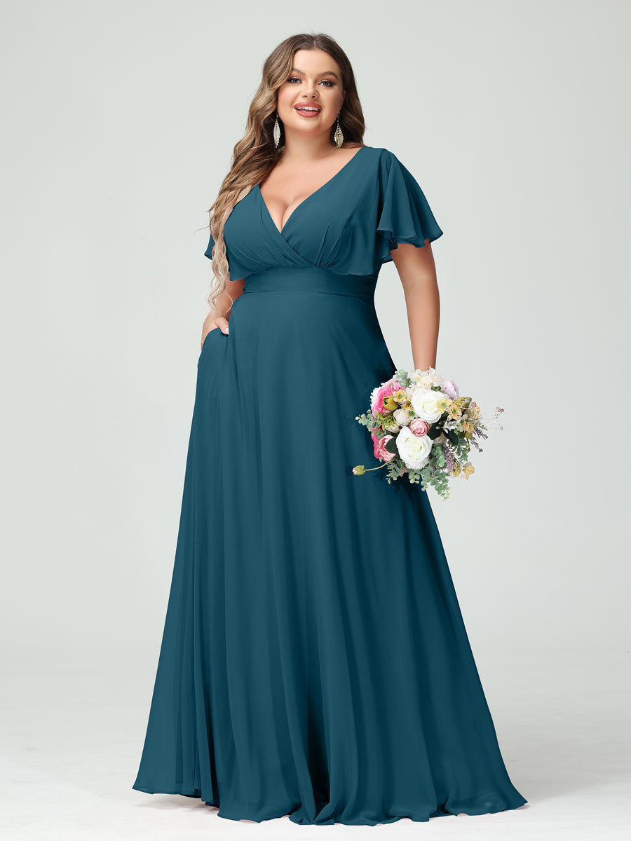 A-Line/Princess V-Neck Short Sleeves Chiffon Plus Size Bridesmaid Dresses with Pockets Teal