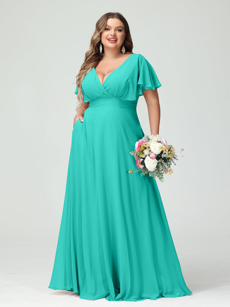 A-Line/Princess V-Neck Short Sleeves Chiffon Plus Size Bridesmaid Dresses with Pockets Turquoise