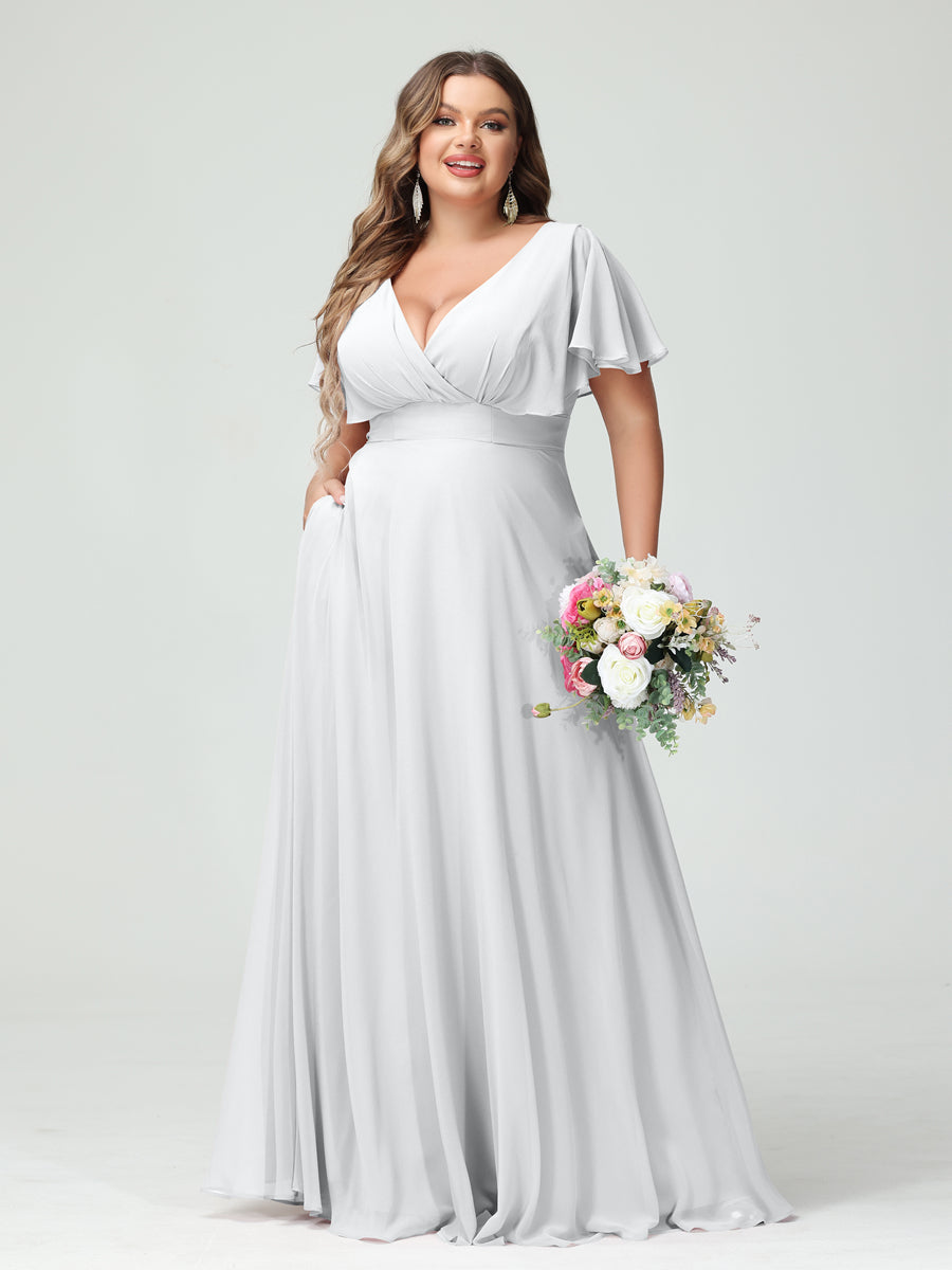 A-Line/Princess V-Neck Short Sleeves Chiffon Plus Size Bridesmaid Dresses with Pockets White