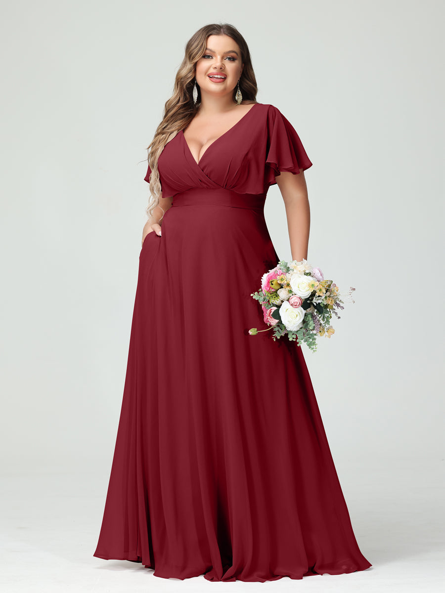A-Line/Princess V-Neck Short Sleeves Chiffon Plus Size Bridesmaid Dresses with Pockets Wine Red