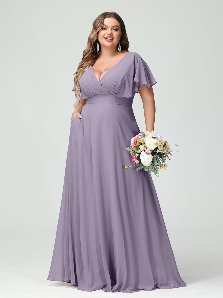 A-Line/Princess V-Neck Short Sleeves Chiffon Plus Size Bridesmaid Dresses with Pockets Wisteria