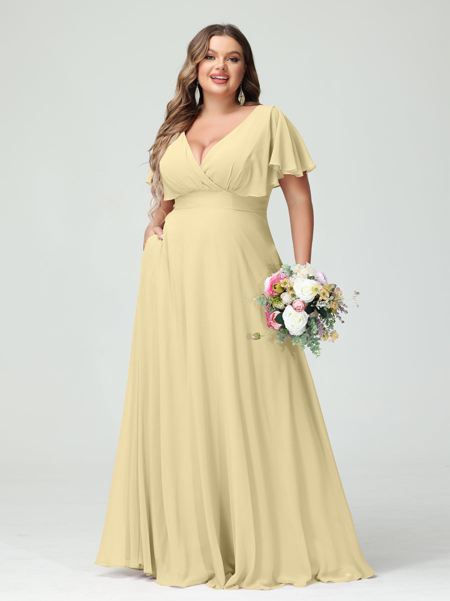 A-Line/Princess V-Neck Short Sleeves Chiffon Plus Size Bridesmaid Dresses with Pockets Yellow