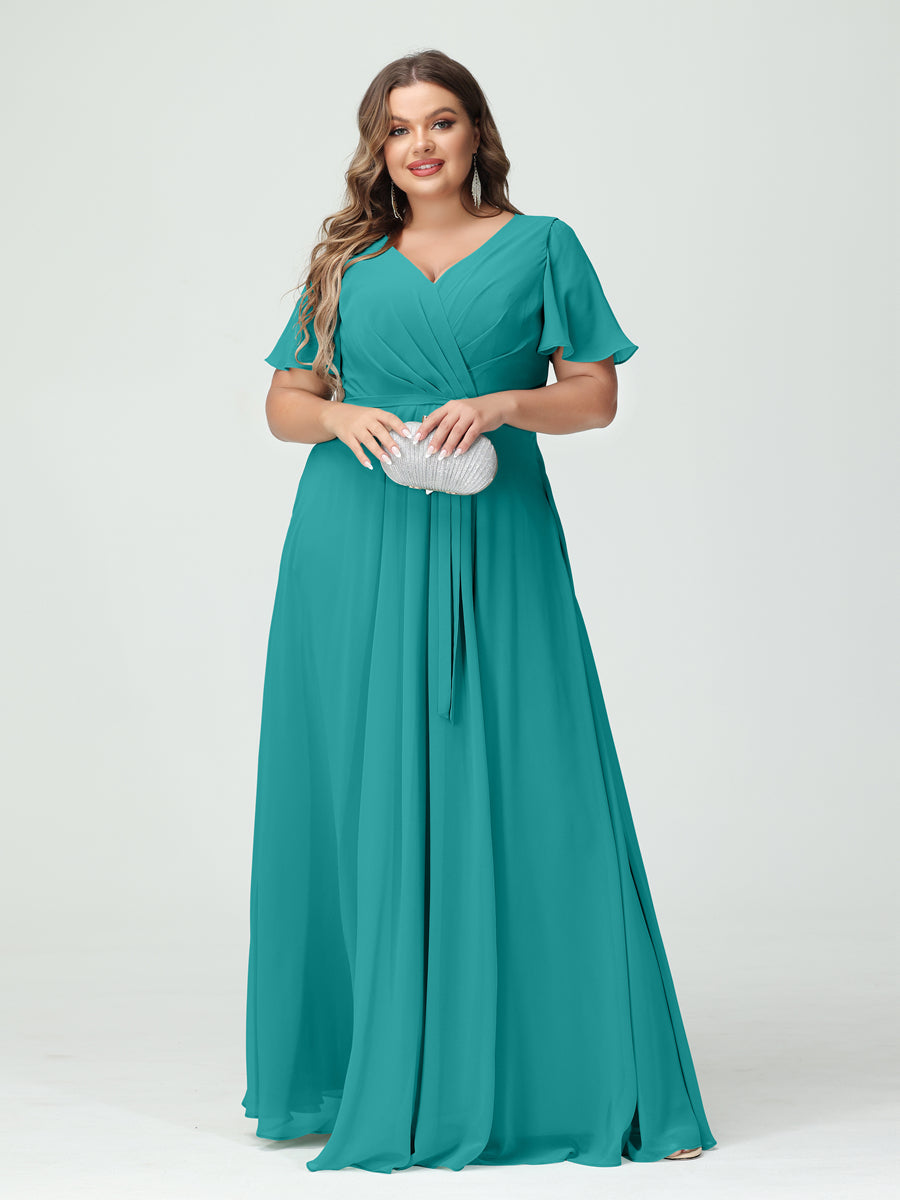 A-Line/Princess V-Neck Short Sleeves Chiffon Split Side Plus Size Bridesmaid Dresses with Pockets Belt Aqua Blue