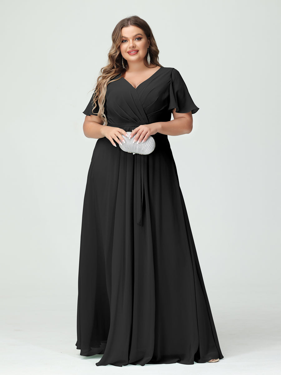A-Line/Princess V-Neck Short Sleeves Chiffon Split Side Plus Size Bridesmaid Dresses with Pockets Belt Black