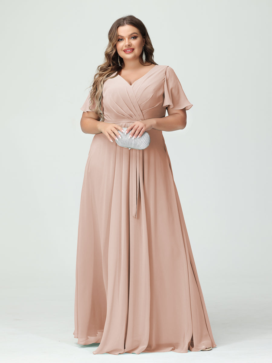 A-Line/Princess V-Neck Short Sleeves Chiffon Split Side Plus Size Bridesmaid Dresses with Pockets Belt Blush Pink