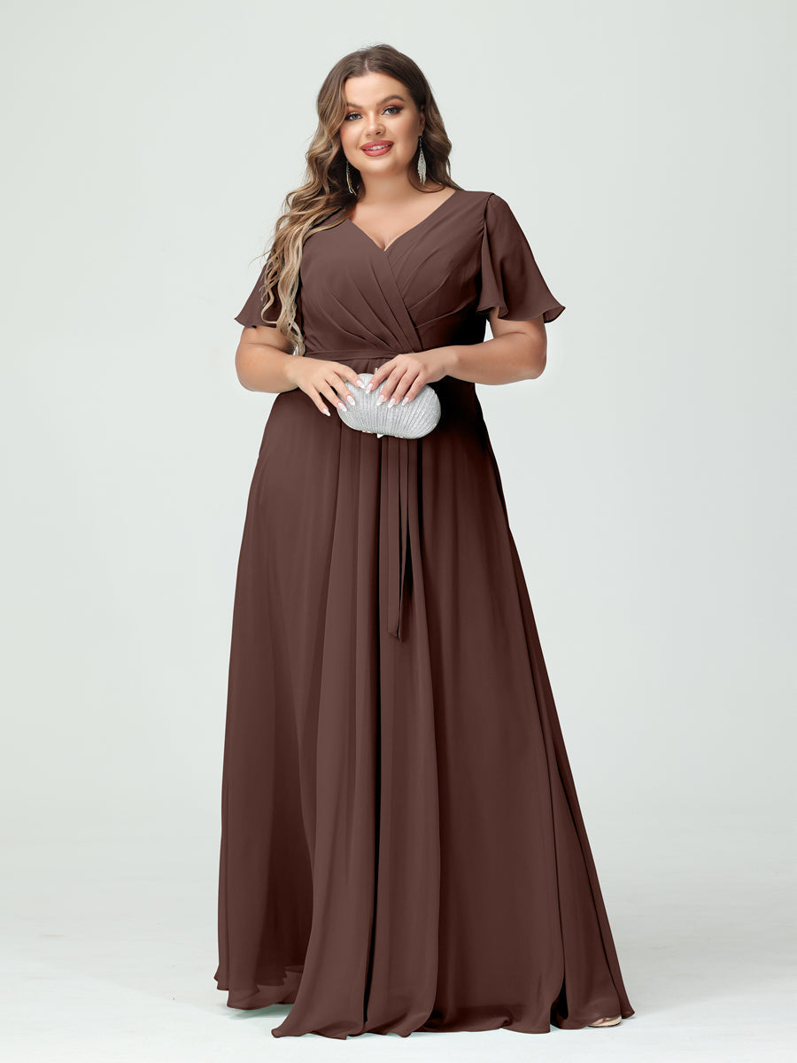 A-Line/Princess V-Neck Short Sleeves Chiffon Split Side Plus Size Bridesmaid Dresses with Pockets Belt Brown