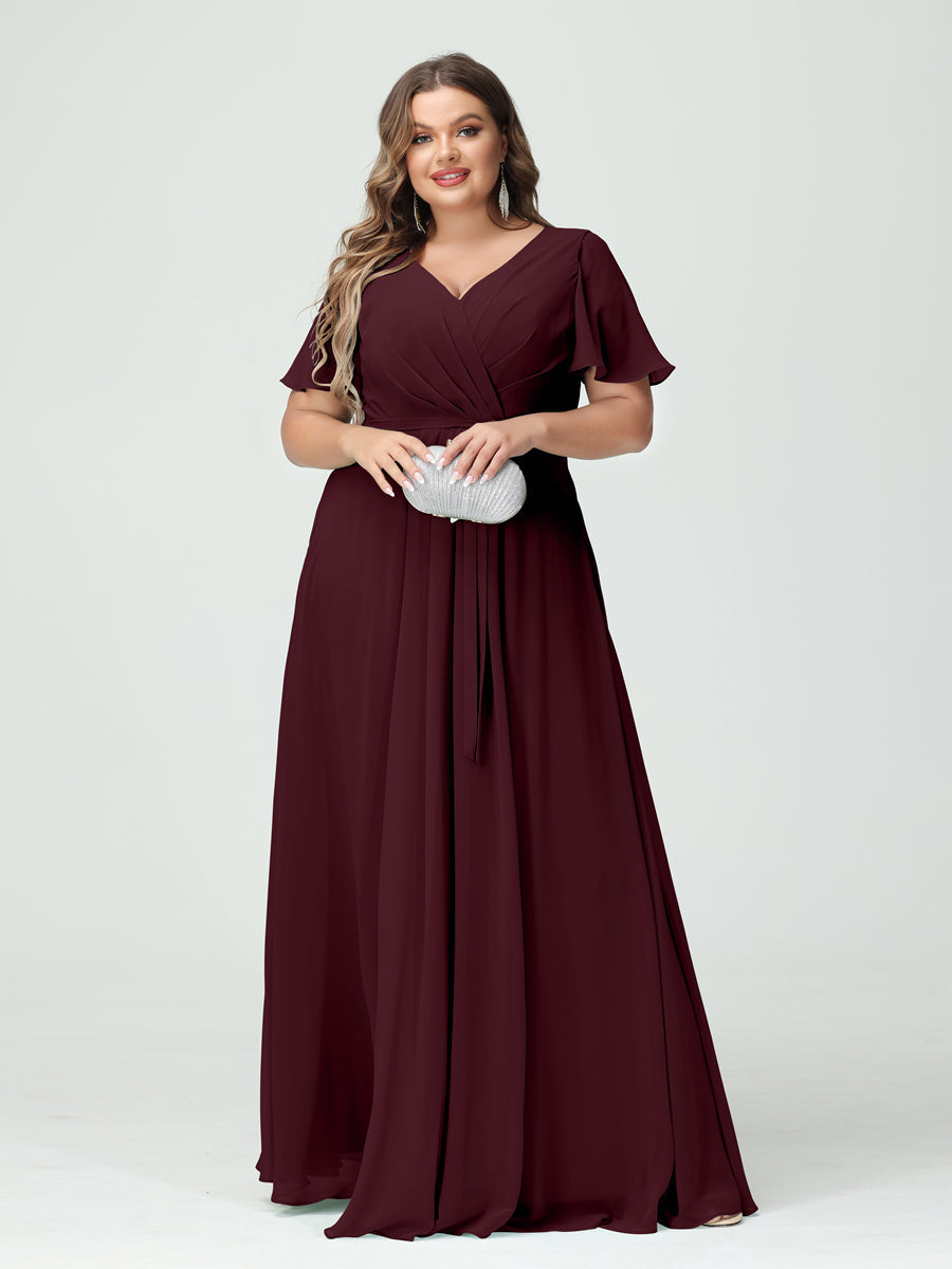 A-Line/Princess V-Neck Short Sleeves Chiffon Split Side Plus Size Bridesmaid Dresses with Pockets Belt Burgundy