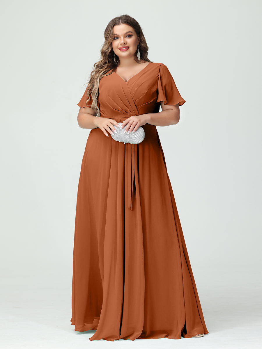 A-Line/Princess V-Neck Short Sleeves Chiffon Split Side Plus Size Bridesmaid Dresses with Pockets Belt Burnt Orange