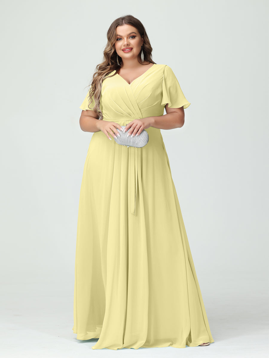 A-Line/Princess V-Neck Short Sleeves Chiffon Split Side Plus Size Bridesmaid Dresses with Pockets Belt Canary