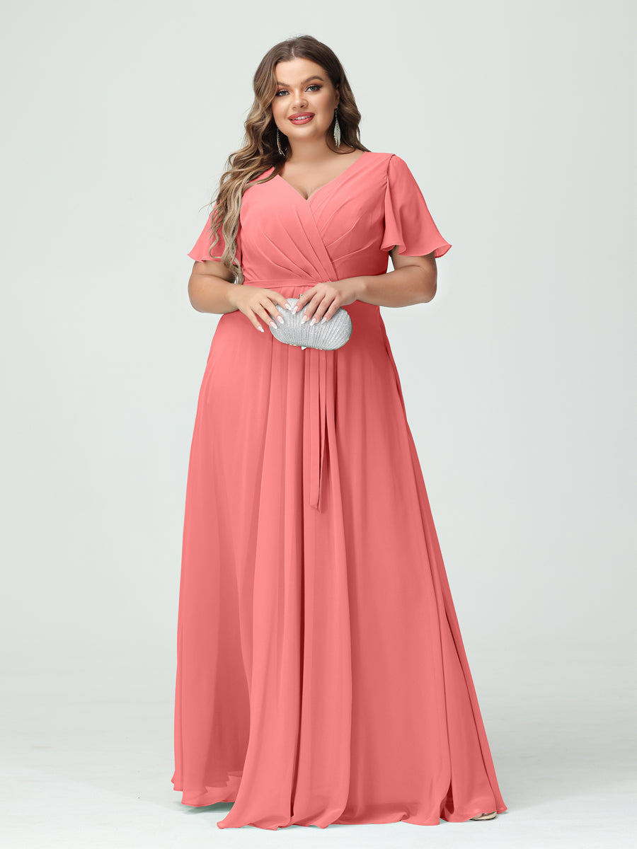 A-Line/Princess V-Neck Short Sleeves Chiffon Split Side Plus Size Bridesmaid Dresses with Pockets Belt Coral