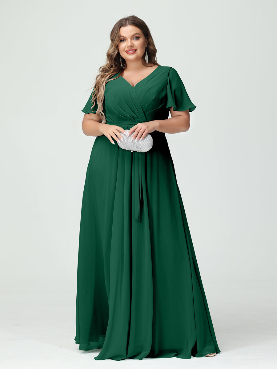 A-Line/Princess V-Neck Short Sleeves Chiffon Split Side Plus Size Bridesmaid Dresses with Pockets Belt Dark Green