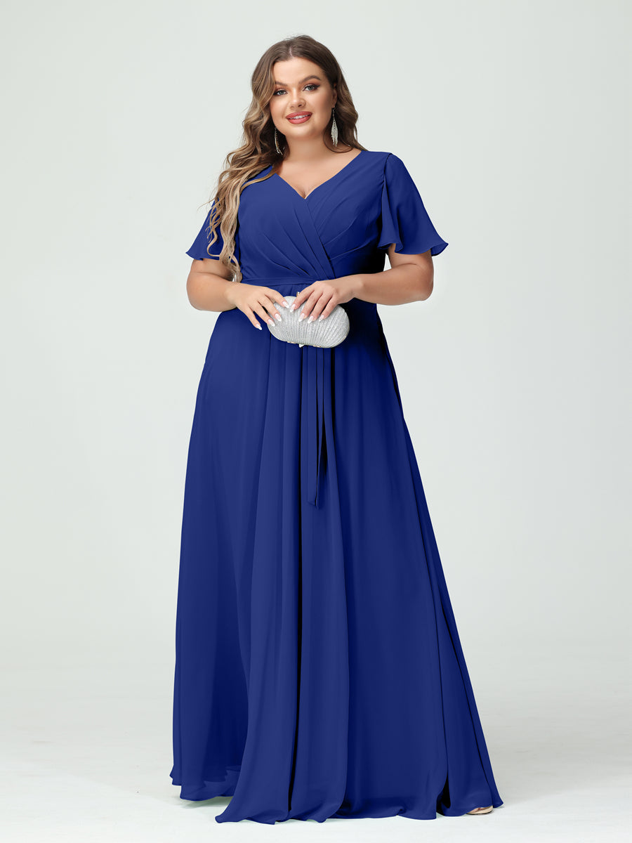 A-Line/Princess V-Neck Short Sleeves Chiffon Split Side Plus Size Bridesmaid Dresses with Pockets Belt Dark Royal Blue