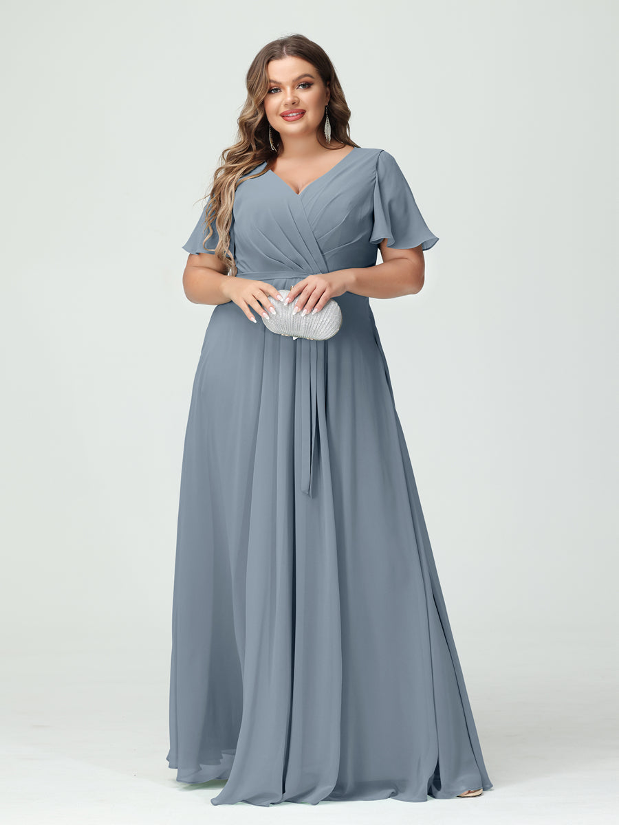 A-Line/Princess V-Neck Short Sleeves Chiffon Split Side Plus Size Bridesmaid Dresses with Pockets Belt Dusty Blue