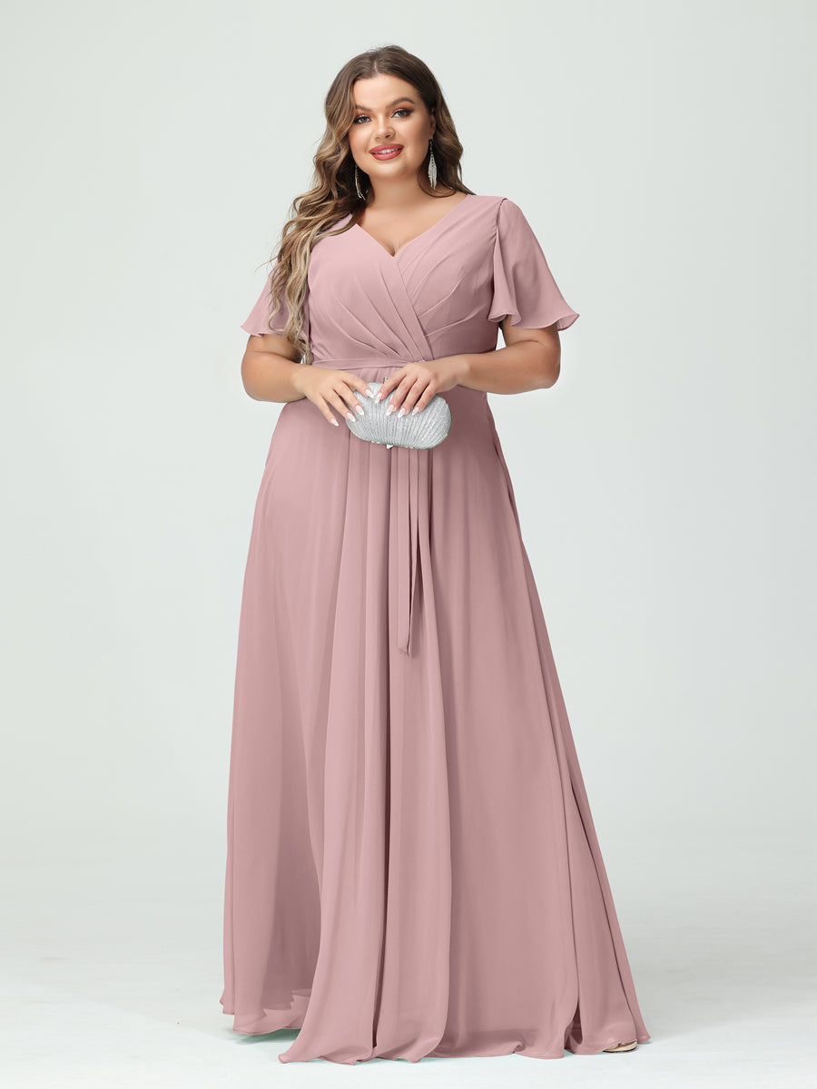 A-Line/Princess V-Neck Short Sleeves Chiffon Split Side Plus Size Bridesmaid Dresses with Pockets Belt Dusty Pink