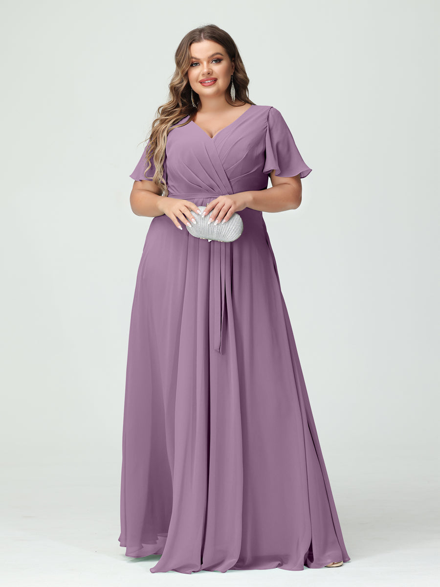 A-Line/Princess V-Neck Short Sleeves Chiffon Split Side Plus Size Bridesmaid Dresses with Pockets Belt Dusty Purple