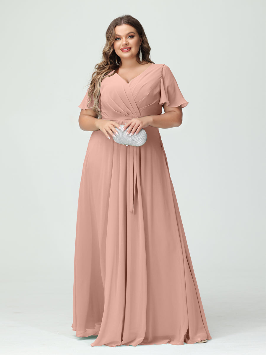 A-Line/Princess V-Neck Short Sleeves Chiffon Split Side Plus Size Bridesmaid Dresses with Pockets Belt Dusty Rose