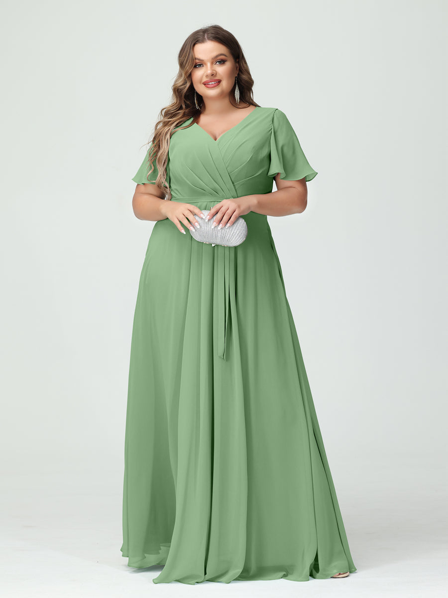 A-Line/Princess V-Neck Short Sleeves Chiffon Split Side Plus Size Bridesmaid Dresses with Pockets Belt Dusty Sage