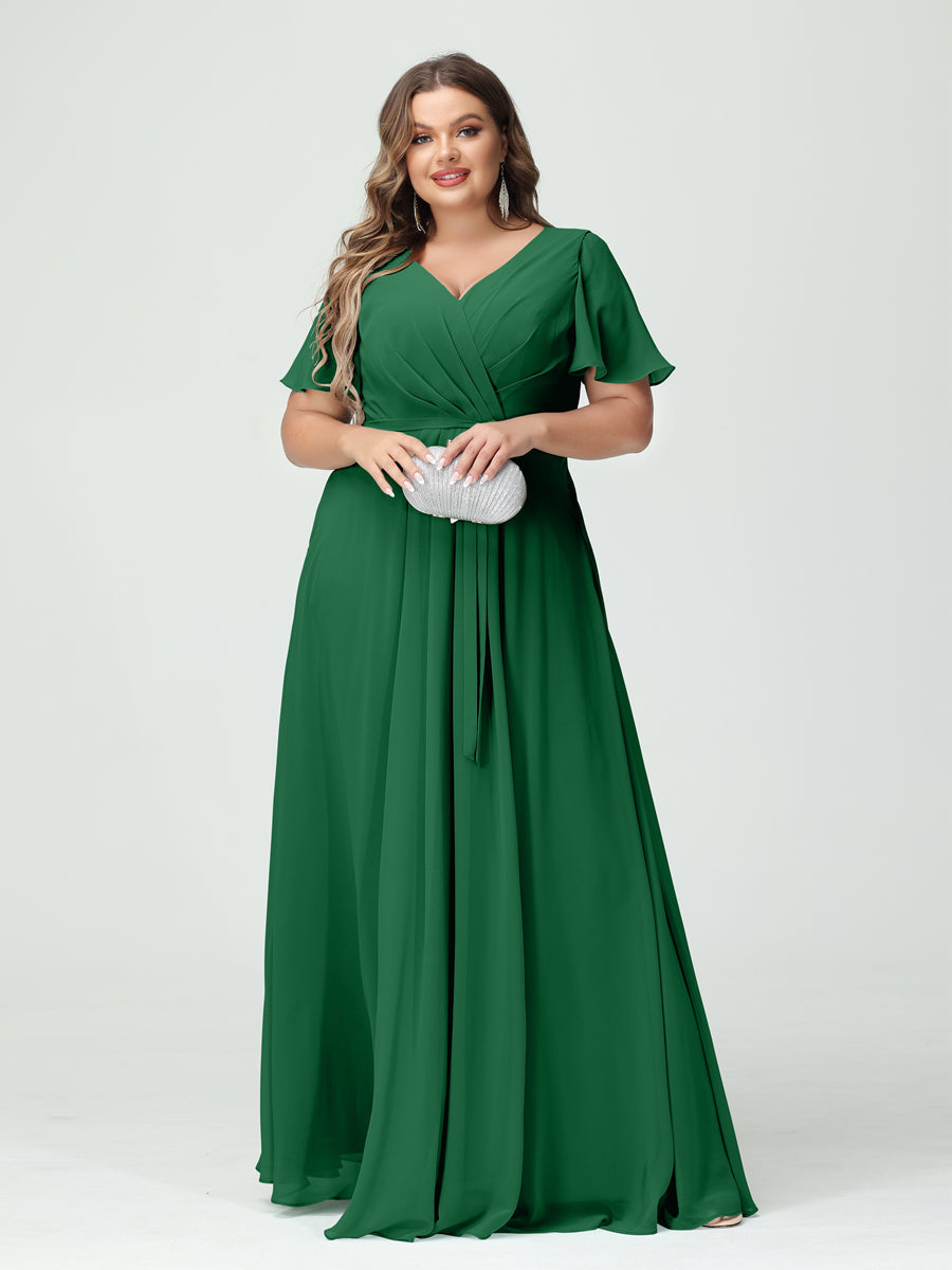 A-Line/Princess V-Neck Short Sleeves Chiffon Split Side Plus Size Bridesmaid Dresses with Pockets Belt Emerald